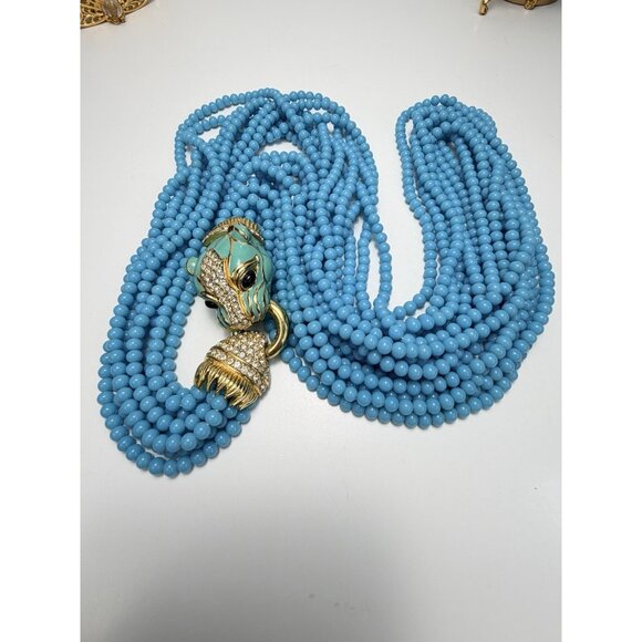 Ciner Luxury Feline Head Turquoise Beaded Necklace Earrings Set Vtg Stunning - Picture 9 of 16